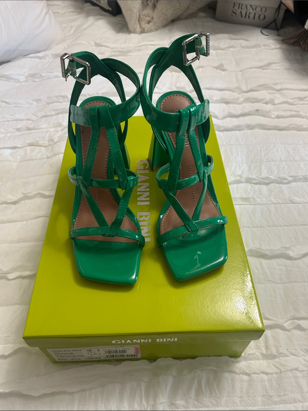Gianni Bini Emerald Green Patent Strappy Block Heel Sandals